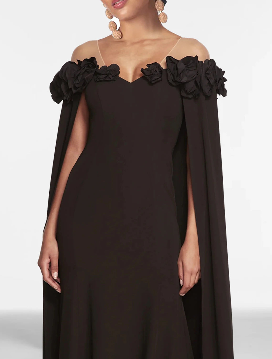 Abito da sera a trapezio, abito nero, abito floreale, ballo di fine anno, lunghezza al pavimento, senza maniche, spalle scoperte, mantelle in chiffon con scialle